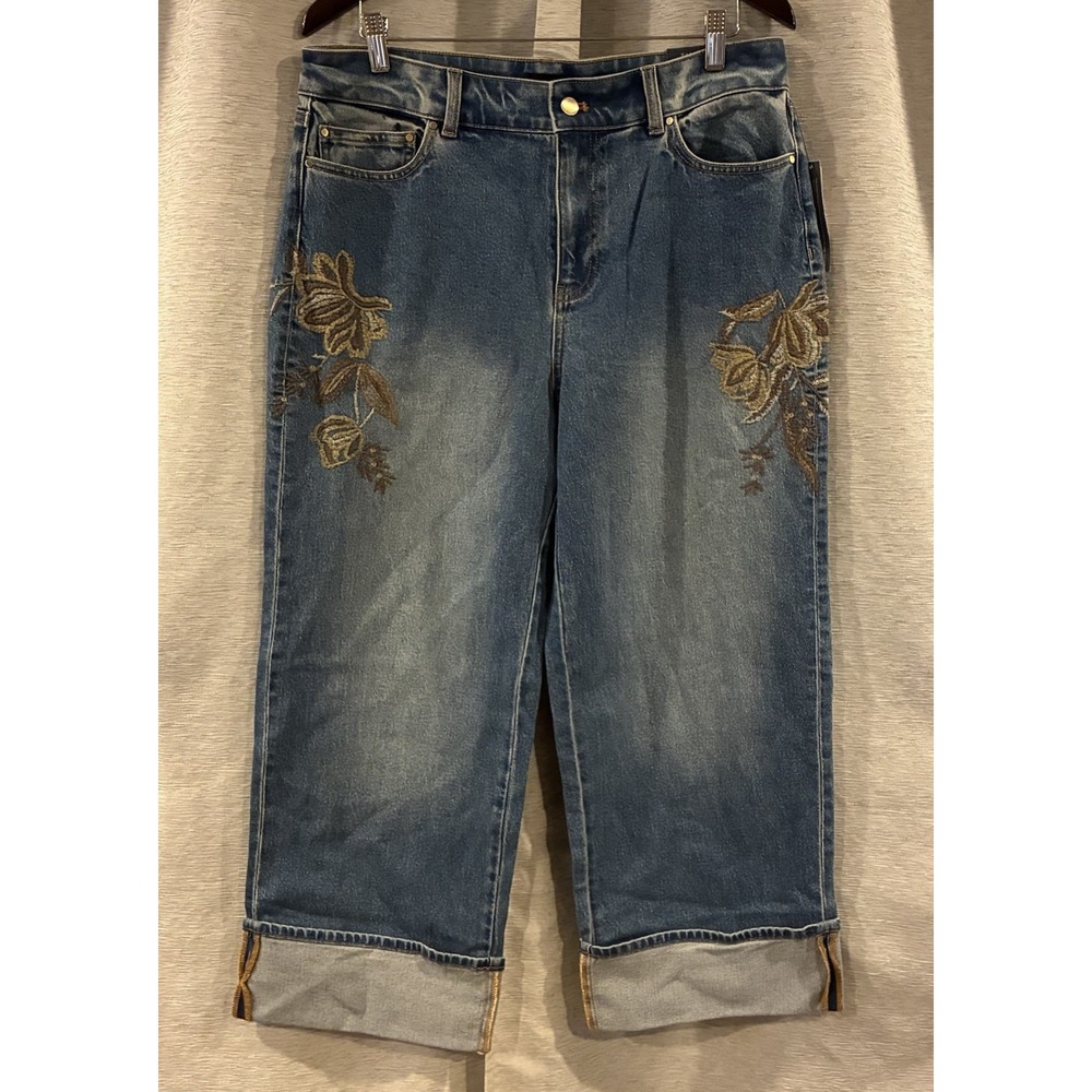 Talbots STRAIGHT ANKLE CUFF EMBROIDERED JEANS - AUTUMN WASH Size 12 NWT